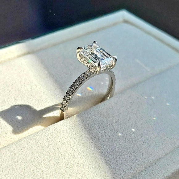 Platinum 2.11ct Lab Emerald Diamond Ring Side & Hidden Halo Lab Diamond