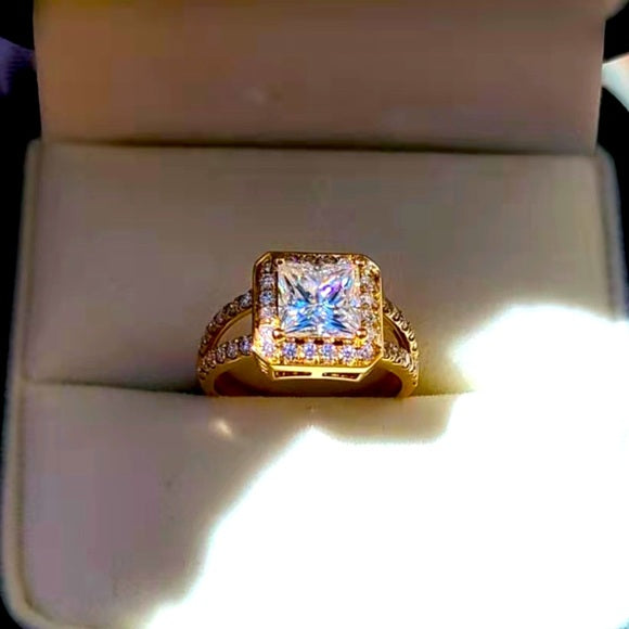 14k Gold 2ct Princess Moissanite Ring Halo & Side Stones