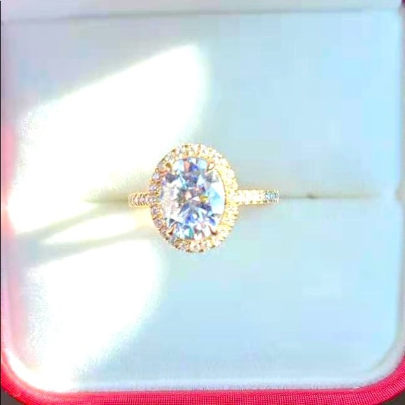 Solid 14k Gold 3ct Oval Moissanite Ring with Side & Halo Stones - Q JEWELER