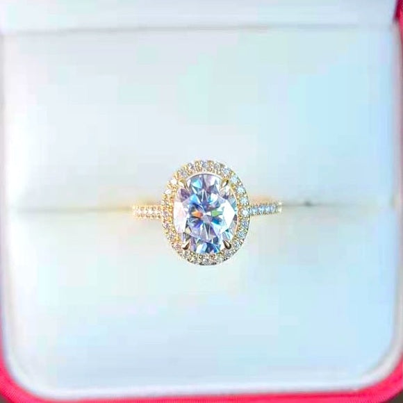 Solid 14k Gold 3ct Oval Moissanite Ring with Side & Halo Stones - Q JEWELER